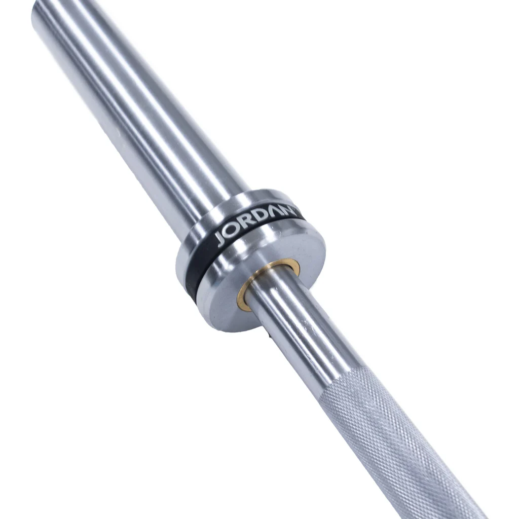 JORDAN® Steel Series Straight Olympic Bars with bearings Knurling grip and sleeve close up 
