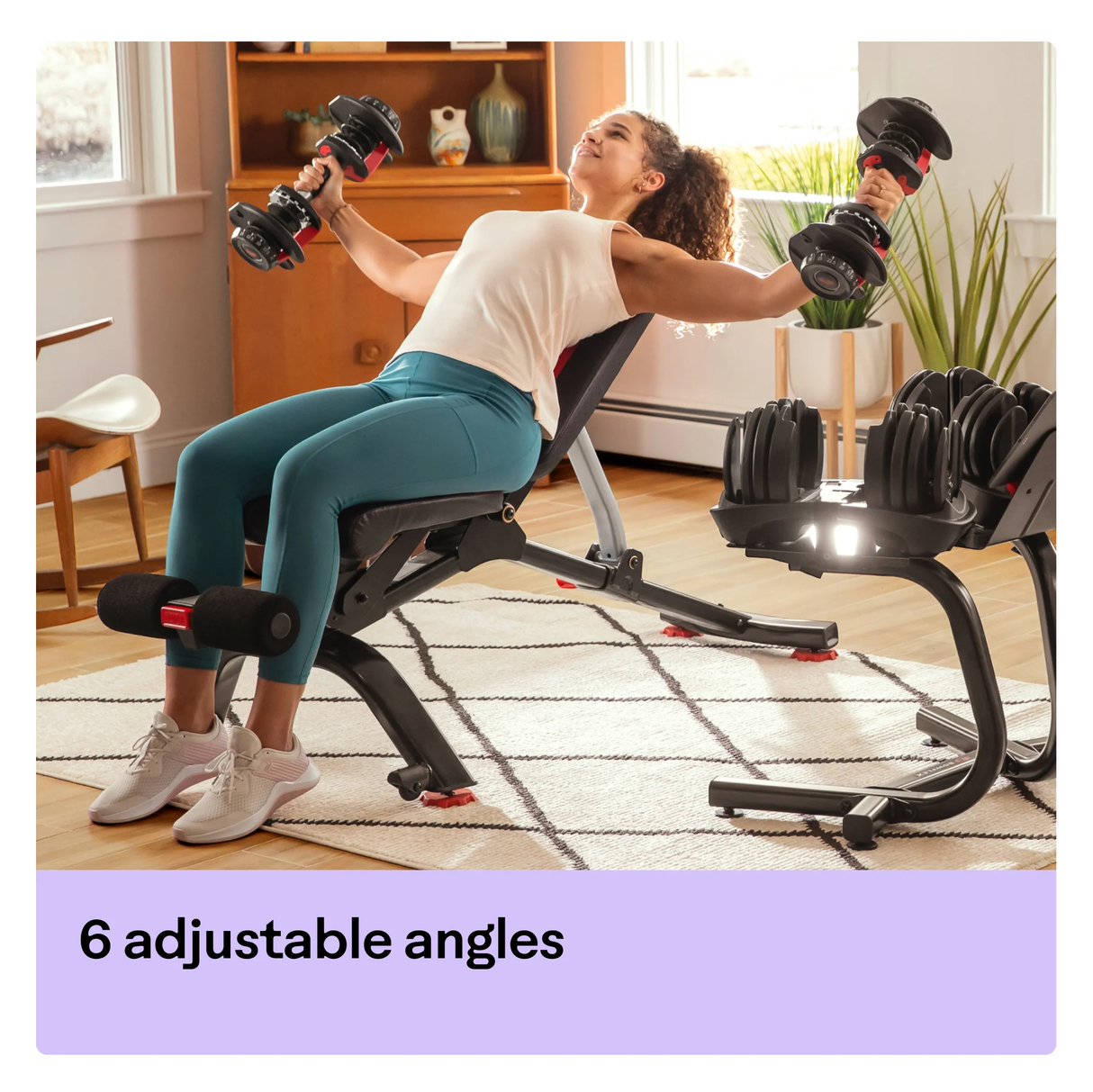 BowFlex Stowable Bench 5.1s Lady with Adjustable Dumbbells 