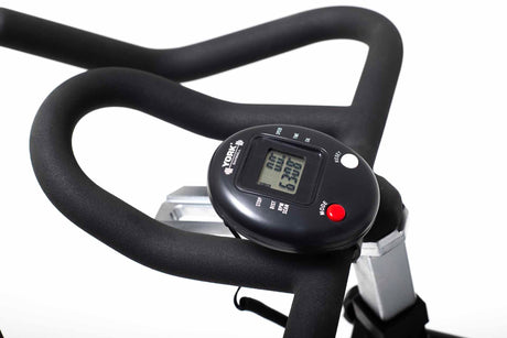 York Barbell CSB32 Indoor Training Bike Timer on handlebar close up 