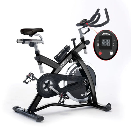 ork Barbell CSB32 Indoor Training Bike Timer close up and rear angle view of bike 
