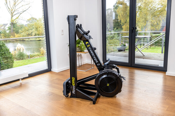 Concept2 rower folded in a home