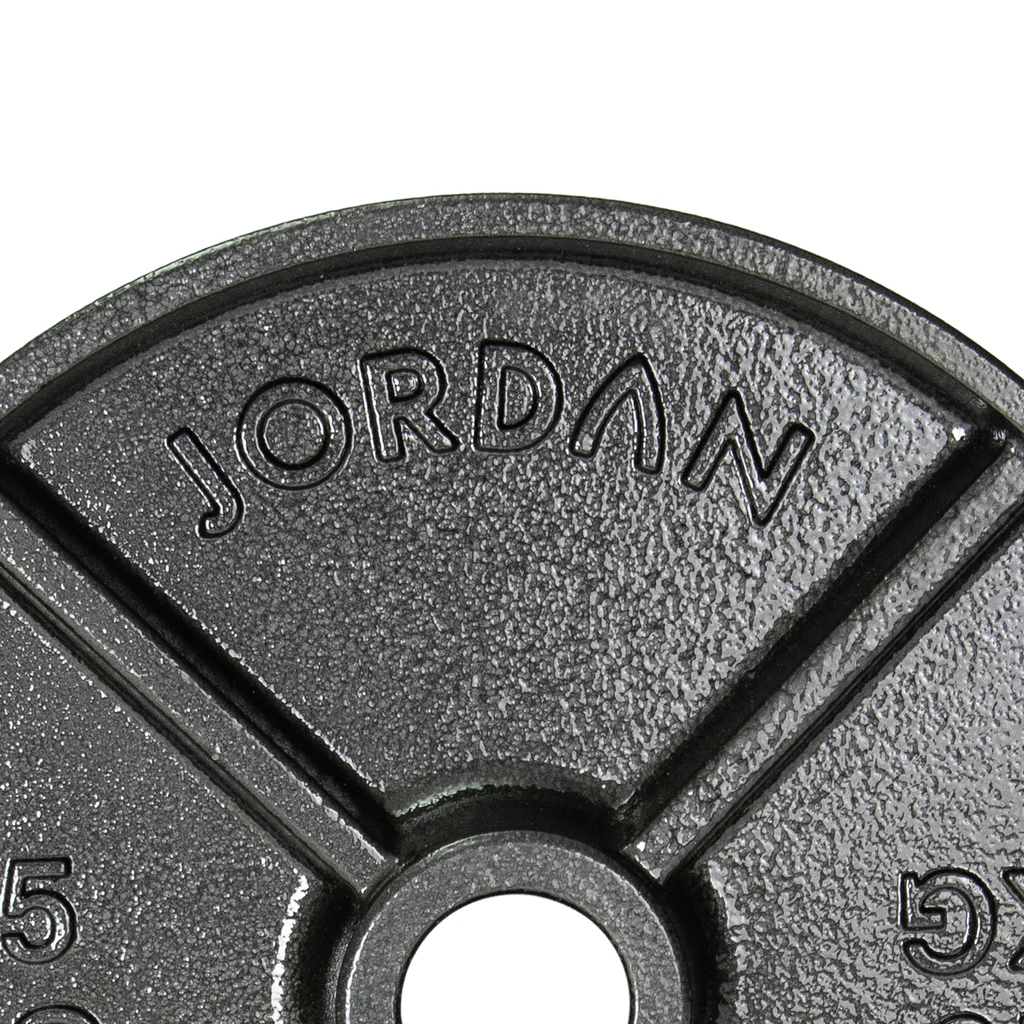 JORDAN Deep Dish Olympic Weight Plate Close up of Branding
