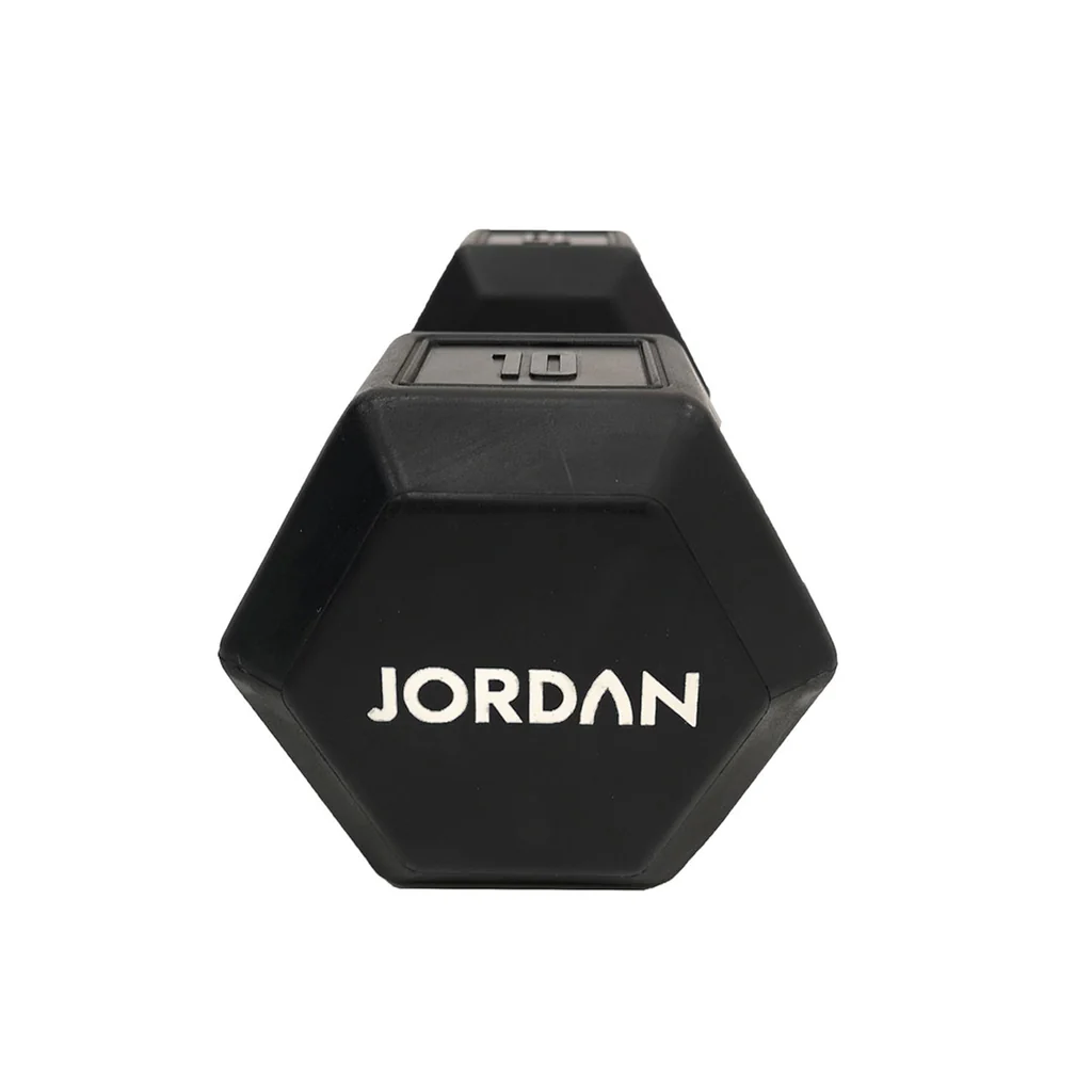 JORDAN® Urethane Hex Dumbbell Close up of Brand Dumbbell End 