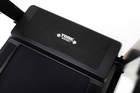 York Barbell HT5 Folding Treadmill closeu up of branding on front end