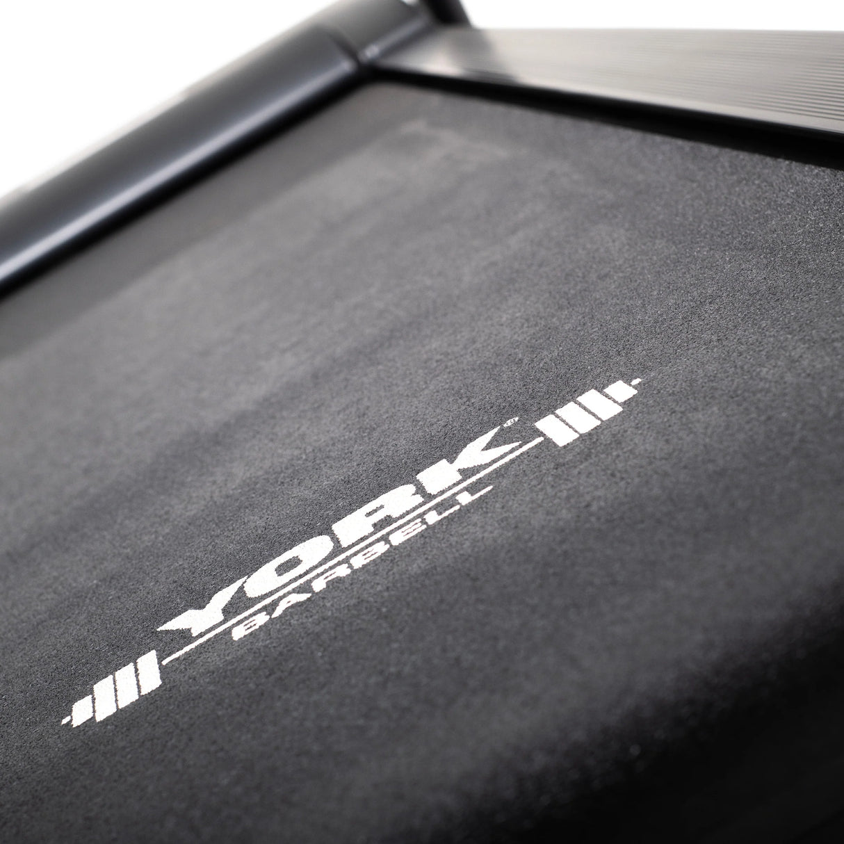 York Barbell HT9 Folding Treadmill Close up of branding on rolling road