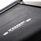 York Barbell HT9 Folding Treadmill Close up of branding on rolling road