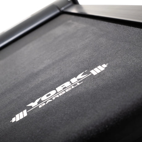 York Barbell HT9 Folding Treadmill Close up of branding on rolling road