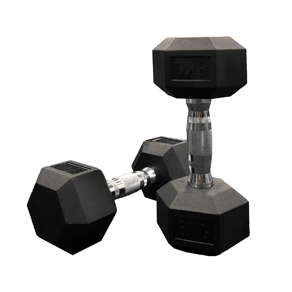 JLC HEX Dumbbells - Rubber, view of teo 8kg dumbbells, one upright and second one horizontal 