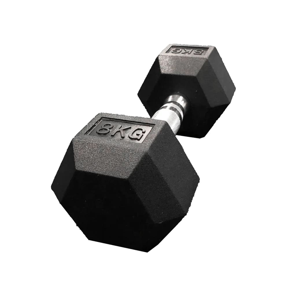 JLC HEX Dumbbells - Rubber, back view of 8kg dumbbell