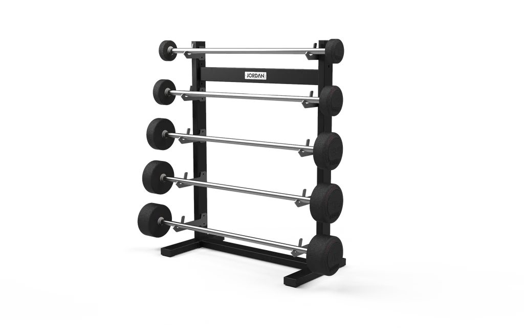 Jordan 5 Straight Bar Barbell Rack Front angle with Barbells on display