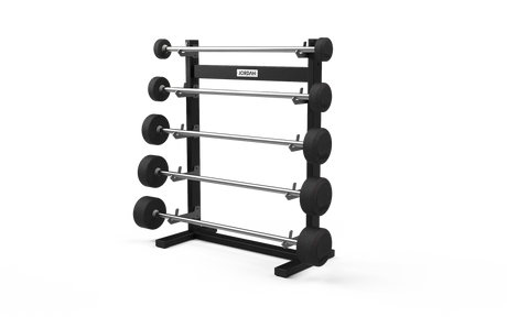 Jordan 5 Straight Bar Barbell Rack Front angle with Barbells on display