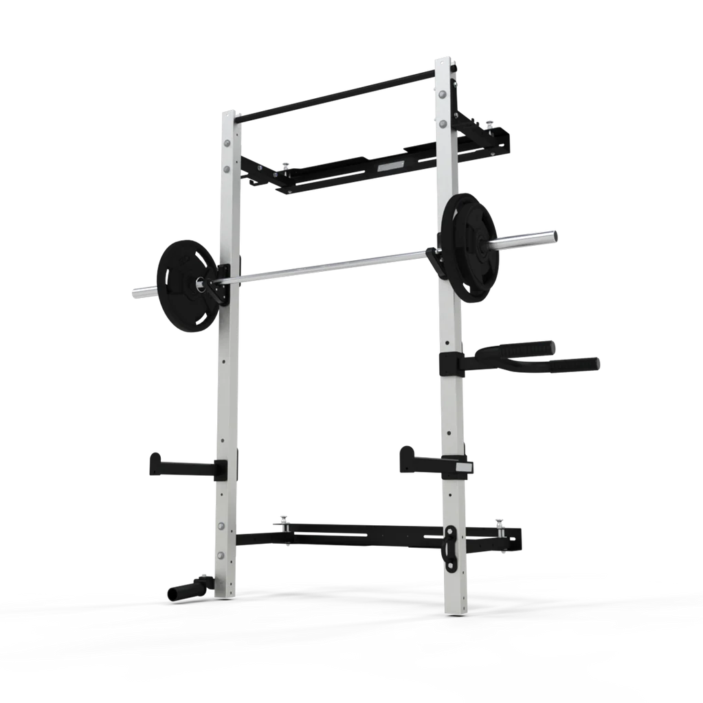 JORDAN® Folding Multi-Use Gym Rack Displayed with Barbell and Weights, dip attachment and squat arms 