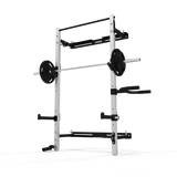 JORDAN® Folding Multi-Use Gym Rack Displayed with Barbell and Weights, dip attachment and squat arms 