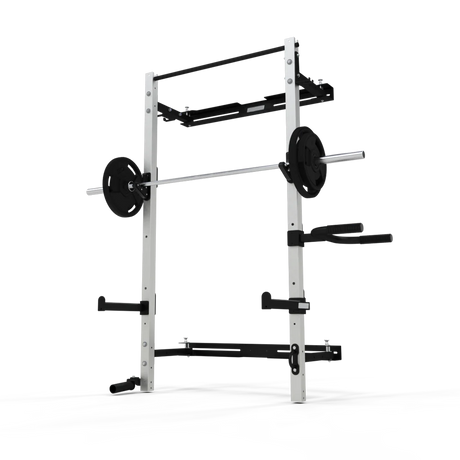 JORDAN® Folding Multi-Use Gym Rack Displayed with Barbell and Weights, dip attachment and squat arms 