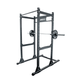 JORDAN® HELIX Freestanding Power Rack [LTR] with J-Hooks & Safety Bar, with barbell and weights, front left view in white background