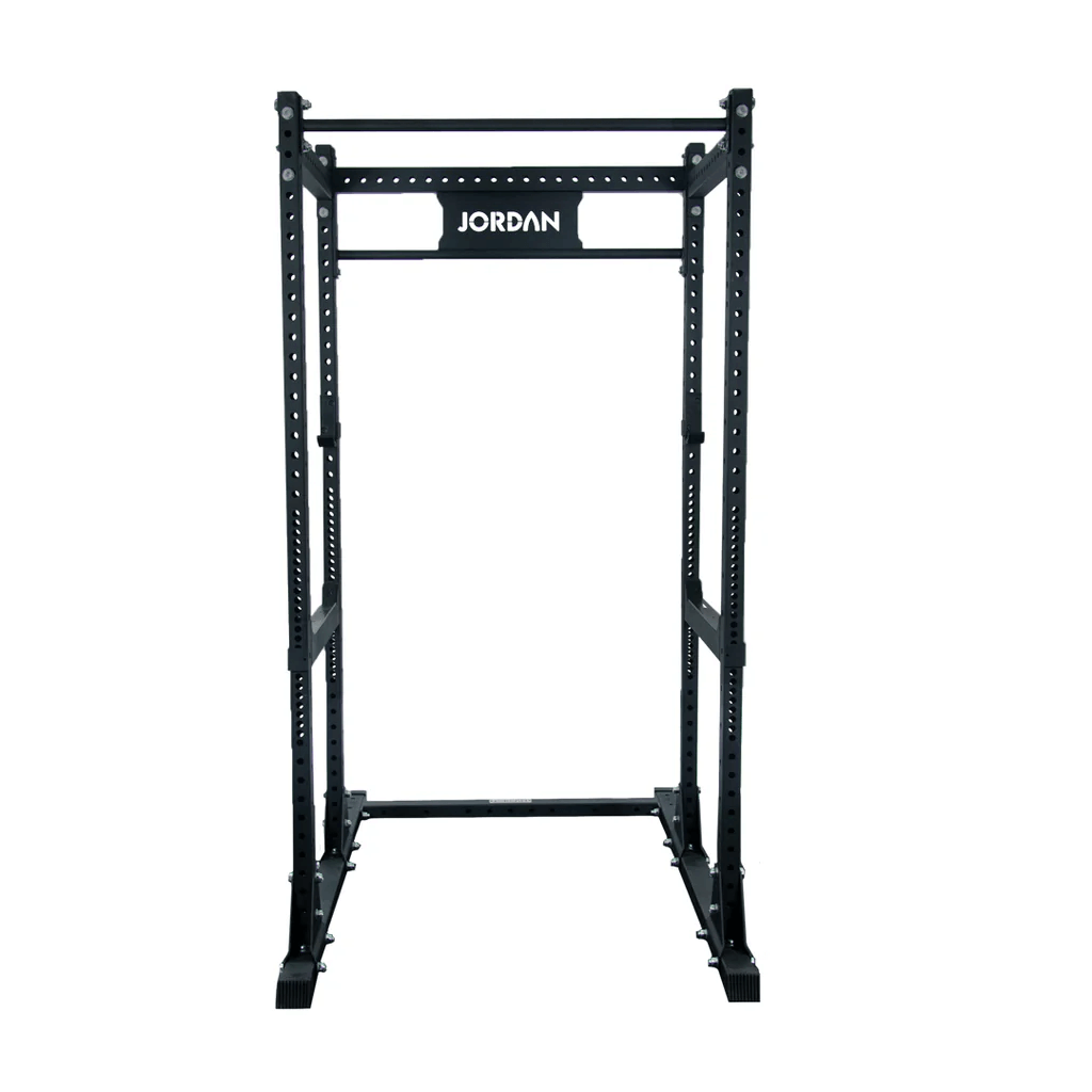 JORDAN® HELIX Freestanding Power Rack [LTR] with J-Hooks & Safety Bar, front view in white background