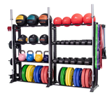 JORDAN HELIX Multi Gym Storage Rack Displaying full range of equipment including plates, kettlebells, hex dumbbells, barbells, Power balls, grips balls and more at full capacity 