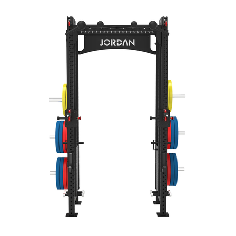 JORDAN® J75 Cable Rack Gym setting black brick background, Storage pegs with weights displayed, j hooks, white background 