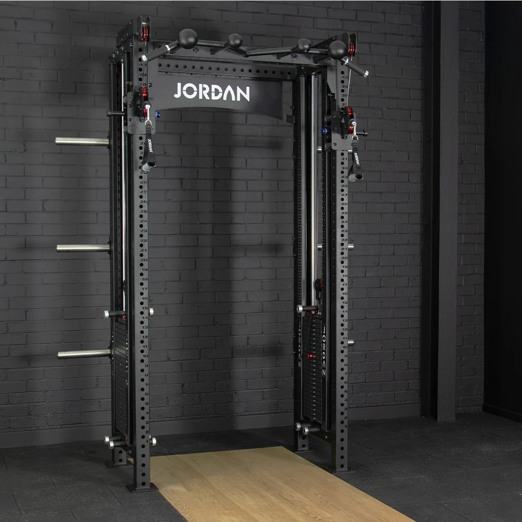 JORDAN® J75 Cable Rack Gym setting grey brick background, Front view, Jordan olympic flooring