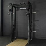 JORDAN® J75 Cable Rack Gym setting grey brick background, right side, Jordan olympic flooring