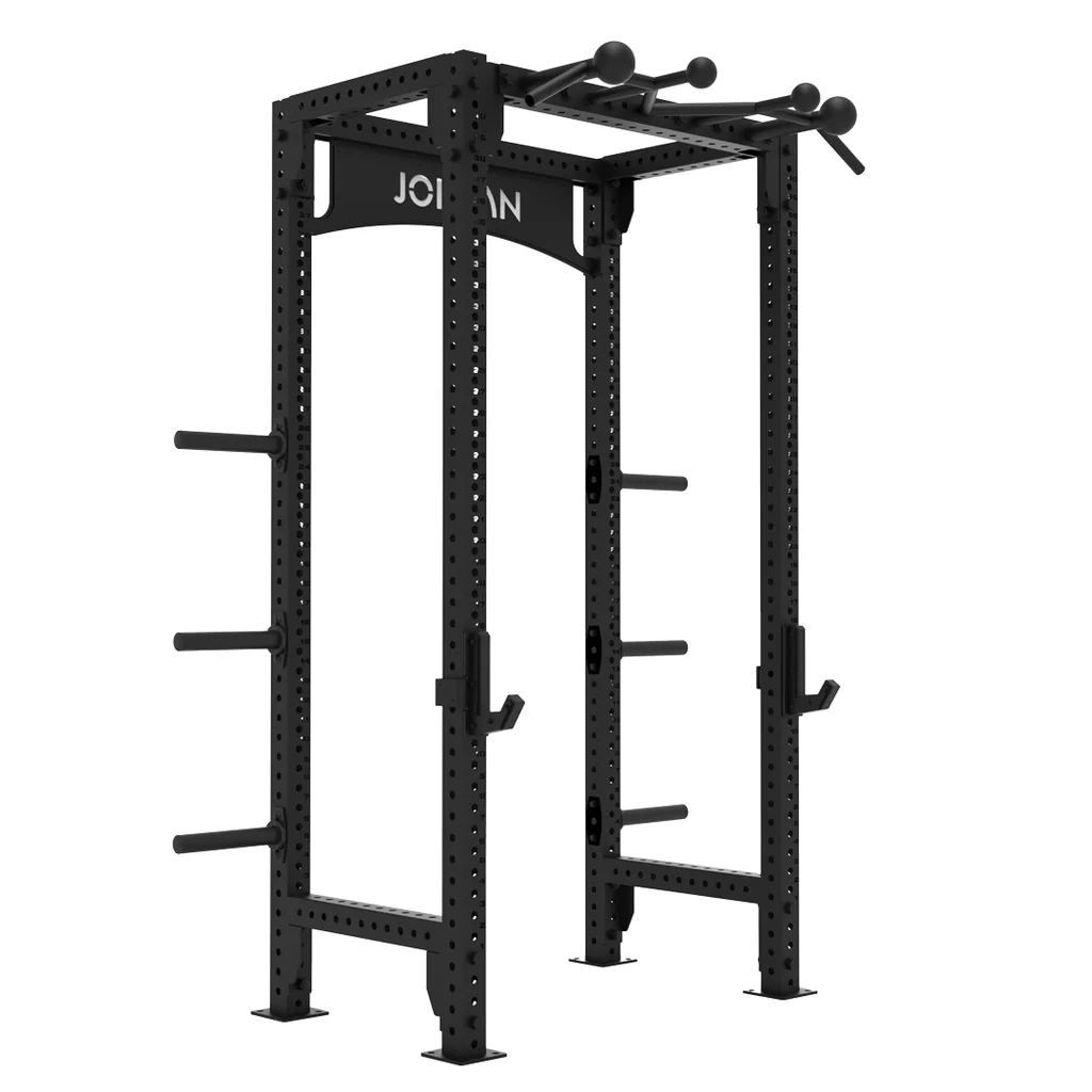 JORDAN® J75 Compact Power RackView from the side, view of multiple pull up bar grips, j hooks and Storage pegs