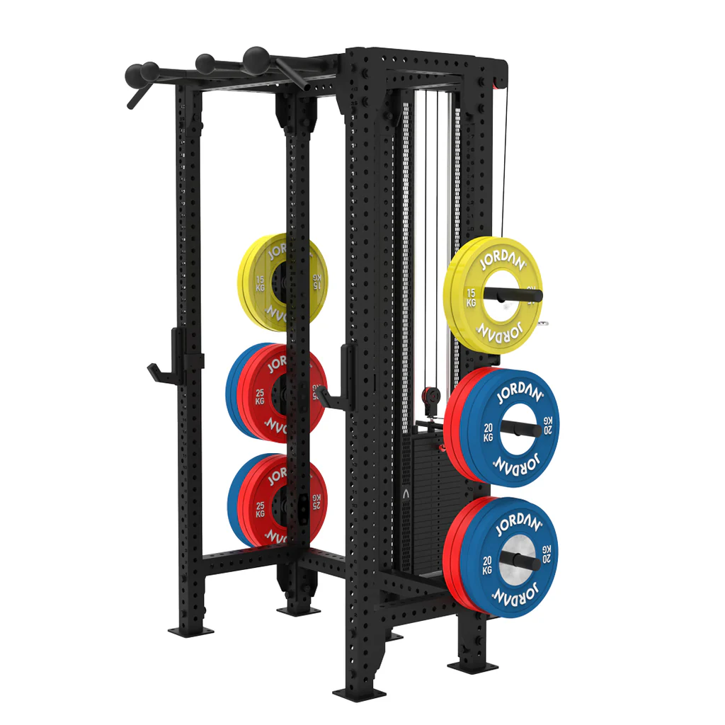  JORDAN® J75 T-Rack Displaying J Hooks, Cable and Pull up bar, displaying weight plates on the storage pegs