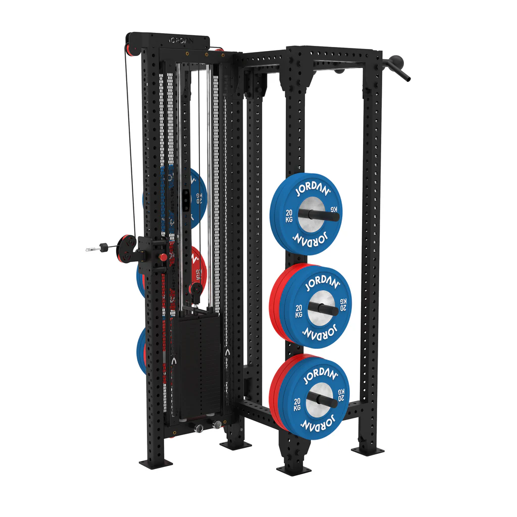  JORDAN® J75 T-Rack Displaying J Hooks, Cable and Pull up bar, displaying weight plates on the storage pegs From rear of machine 