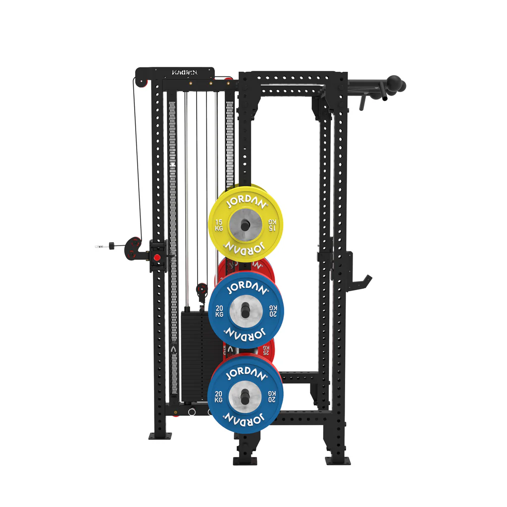  JORDAN® J75 T-Rack Displaying J Hooks, Cable and Pull up bar, displaying weight plates on the storage pegs froom side of machine