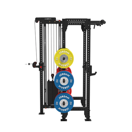  JORDAN® J75 T-Rack Displaying J Hooks, Cable and Pull up bar, displaying weight plates on the storage pegs froom side of machine