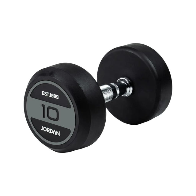 JORDAN® Rubber Dumbbells - Up to 70kg (Grey), 10kg dumbbell in white background