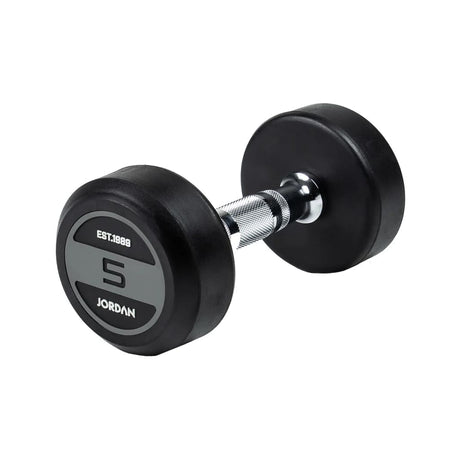 JORDAN® Rubber Dumbbells - Up to 70kg (Grey), 5kg dumbbell in white background