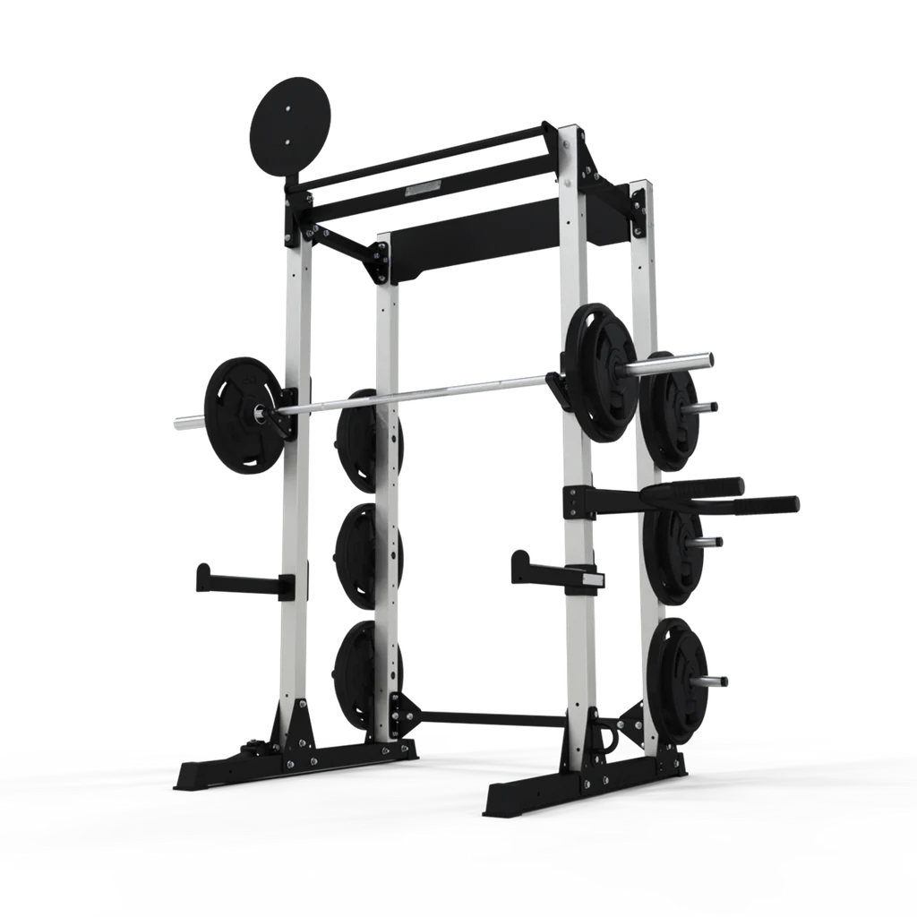 JORDAN® Ultimate Strength Half Rack (Free-standing), with weights and attachments on, front view in white background. 