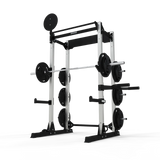 JORDAN® Ultimate Strength Half Rack (Free-standing), with weights and attachments on, front view in white background. 