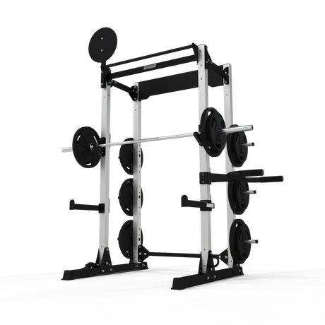 JORDAN® Ultimate Strength Half Rack (Free-standing), with weights and attachments on, front view in white background. 