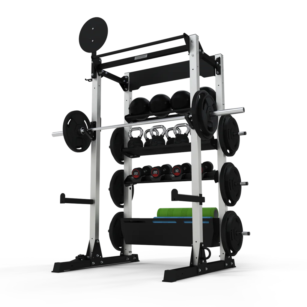 JORDAN® Ultimate Strength Half Rack (Free-standing), with weights, attachments and storage shelves, front view in white background.