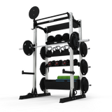 JORDAN® Ultimate Strength Half Rack (Free-standing), with weights, attachments and storage shelves, front view in white background.