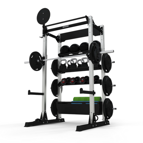 JORDAN® Ultimate Strength Half Rack (Free-standing), with weights, attachments and storage shelves, front view in white background.