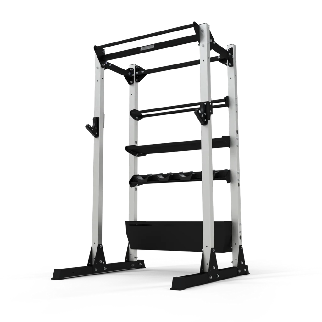 JORDAN® Ultimate Strength Half Rack (Free-standing), with attachments, shelves but no weights, front view in white background. 