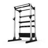 JORDAN® Ultimate Strength Half Rack (Free-standing), with attachments, shelves but no weights, front view in white background. 