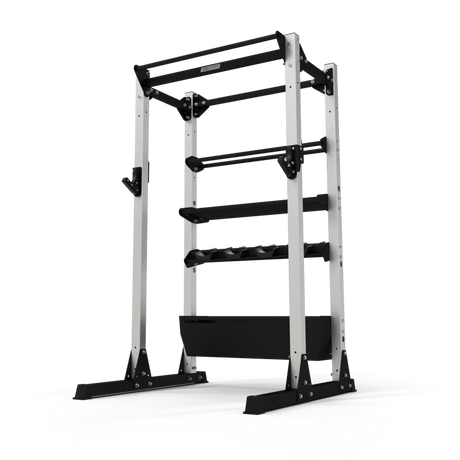 JORDAN® Ultimate Strength Half Rack (Free-standing), with attachments, shelves but no weights, front view in white background. 