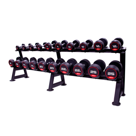 Jordan 10 Pair, 2 Tier Dumbell Rack in Black with Dumbbell range on display