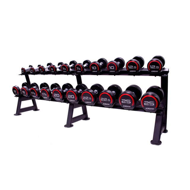 Jordan 10 Pair, 2 Tier Dumbell Rack in Black with Other compatible Dumbbell range on display