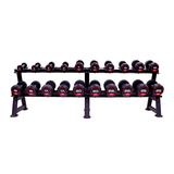 Jordan 10 Pair, 2 Tier Dumbell Rack in Black with Dumbbell range on display from the front view