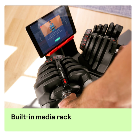 BowFlex Dumbbell Stand with RacK Close up of Tablet in Stand