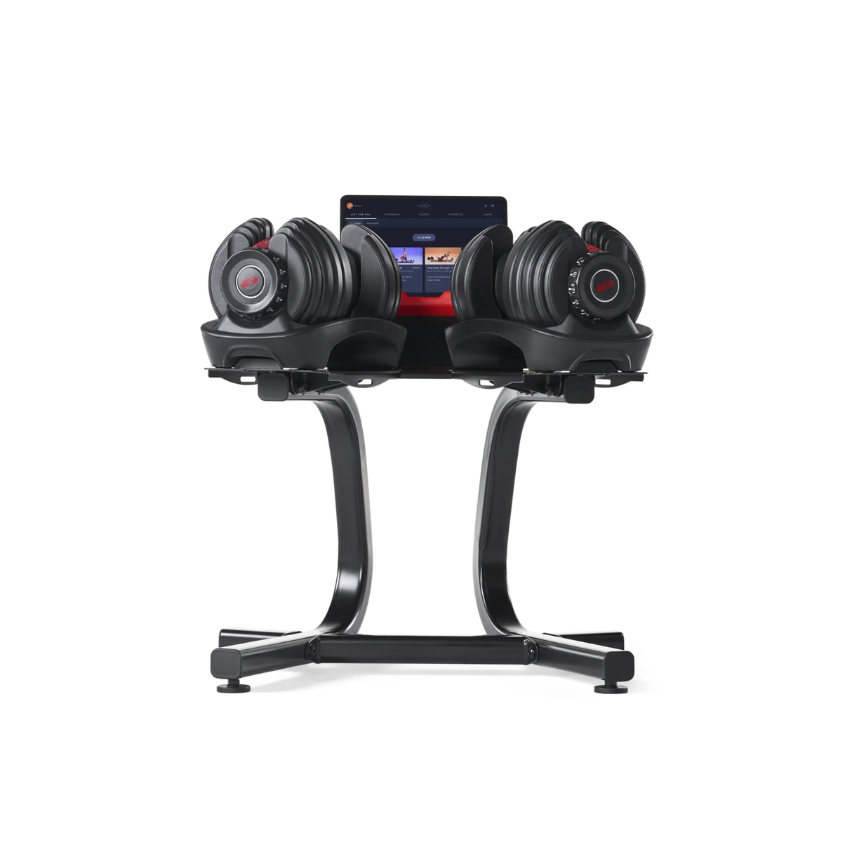 BowFlex Dumbbell Stand with Rack with Dumbbells displayed and IPAD