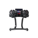 BowFlex Dumbbell Stand with Rack with Dumbbells displayed and IPAD