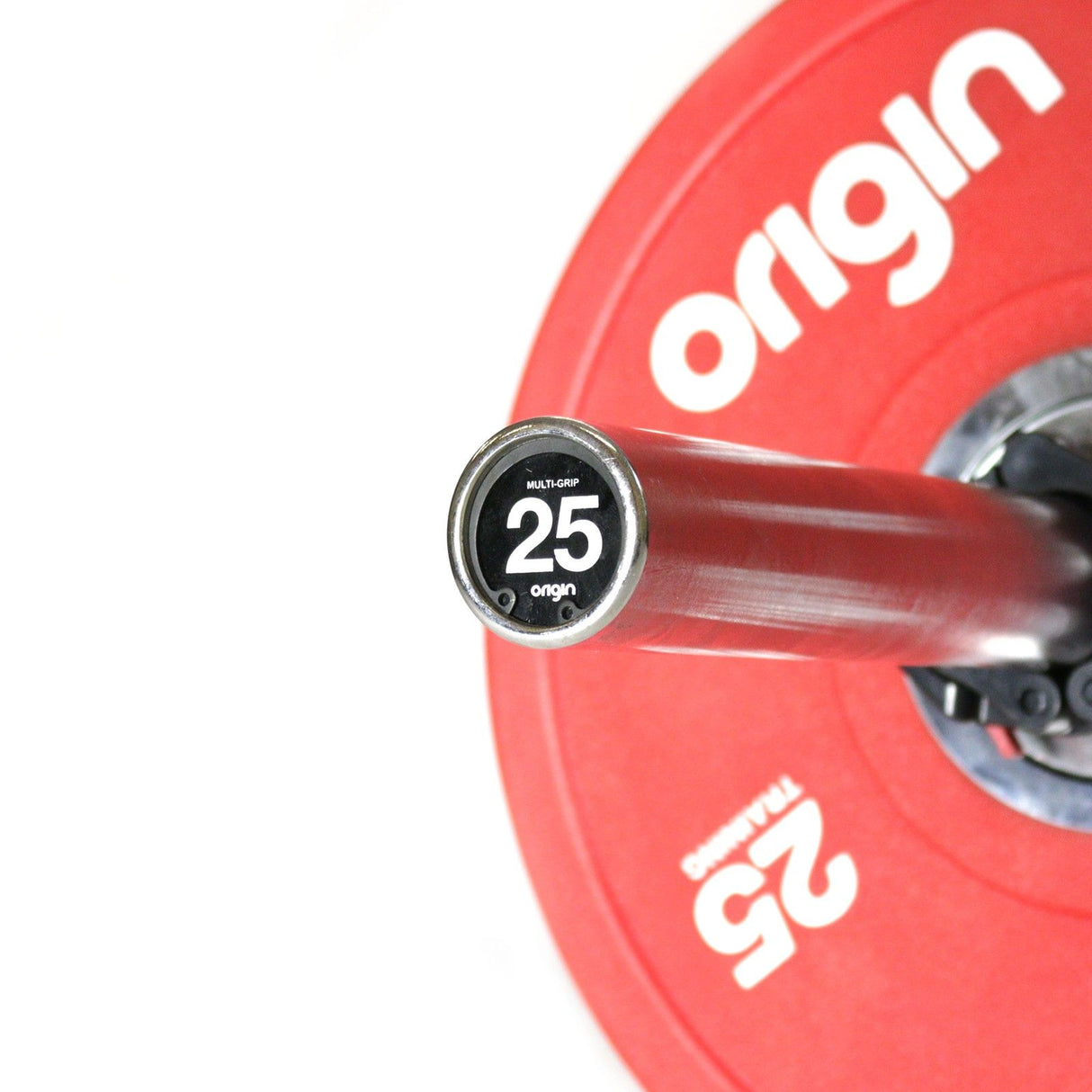 Origin Multi-Grip Bar Close up of the end of the bar displaying weight and equipment name