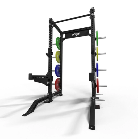 Origin Performance Series Half Rack Direct view Displaying J hooks and spotter arms and Pull up bar