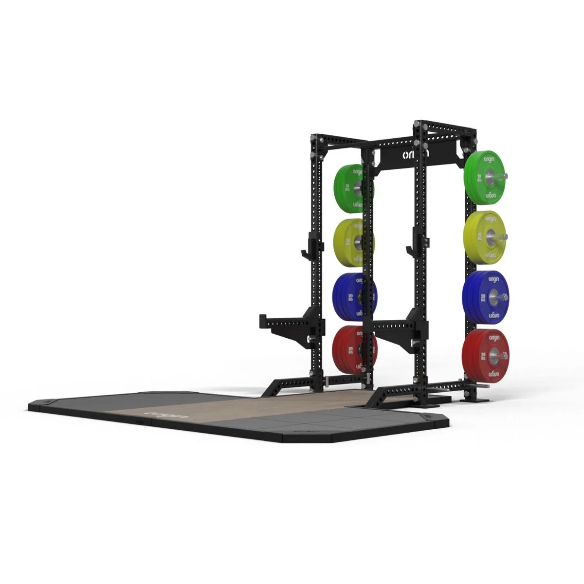 Origin Performance Series Half Rack displaying weights and the integrated power rack platform 