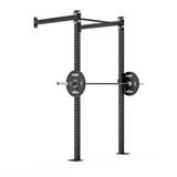 Origin Performance Series Wall Mounted Squat Rack Displaying Barbell and weights on J hooks front front angle